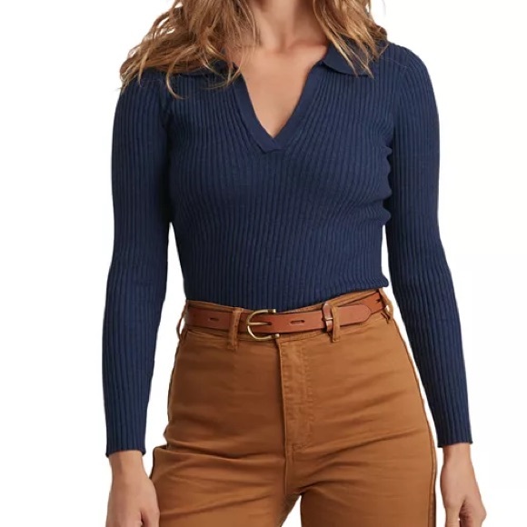 Marine Layer Lexi Polo Sweater Ribbed Knit Blue Long Sleeve Size L - Picture 1 of 15
